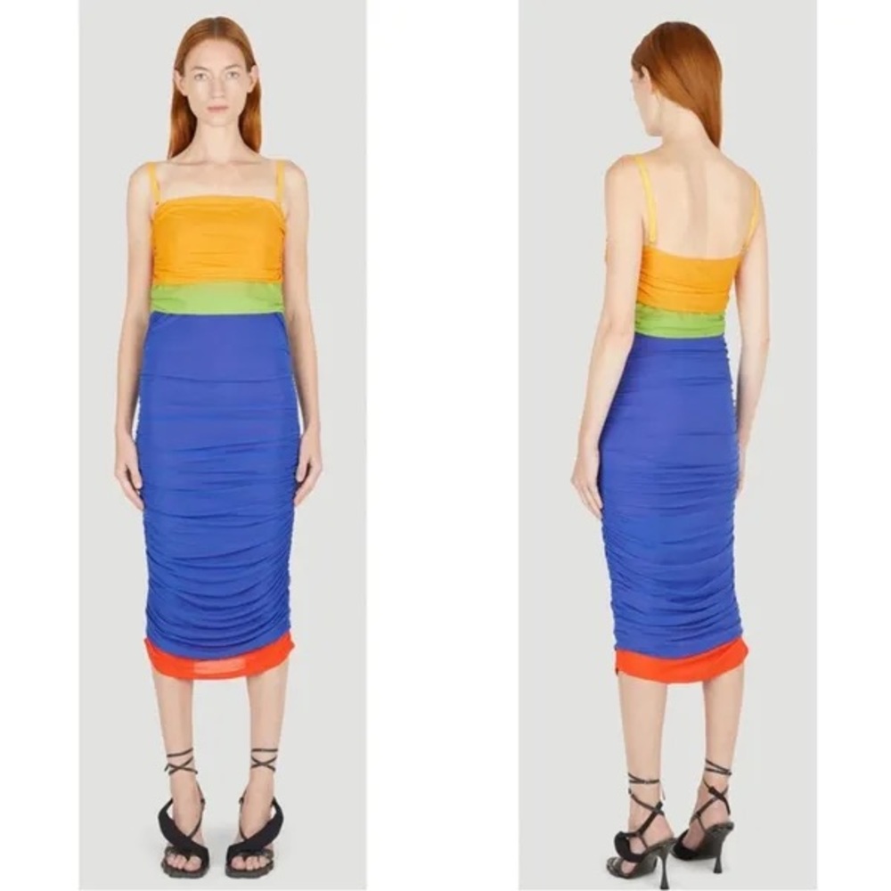 SIMON MILLER Jota Mesh Midi Bodycon Dress Color Block Yellow Blue Sz Medium